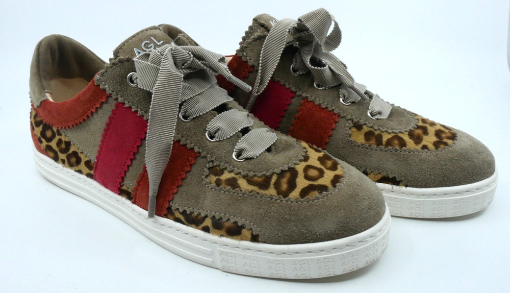 AGL Leda Leo Taupe Suede Leopard Haircalf Sneakers Women's 38.5 EU 8.5 US